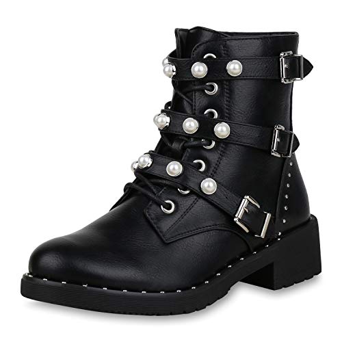 SCARPE VITA Damen Stiefeletten Schnürstiefeletten Zierperlen Boots Nieten 170934 Schwarz 36 von SCARPE VITA