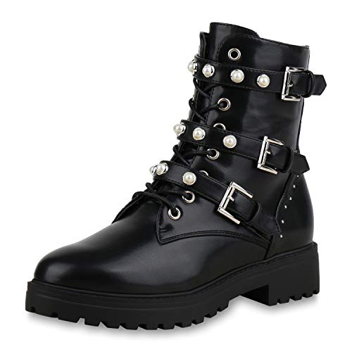 SCARPE VITA Damen Stiefeletten Schnürstiefeletten Zierperlen Stiefel Gefüttert 173346 Schwarz Schnallen 37 von SCARPE VITA