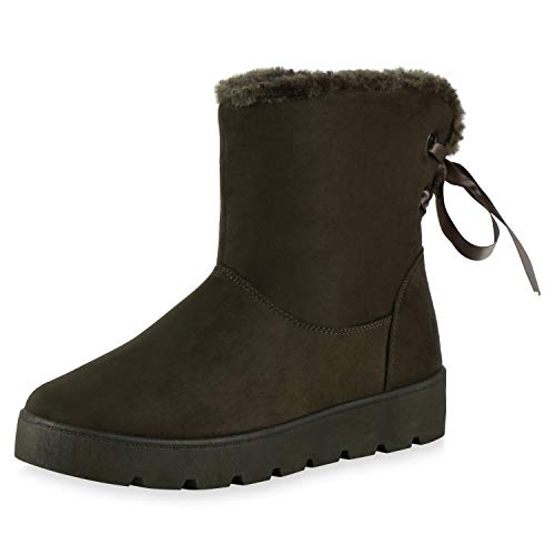 SCARPE VITA Damen Stiefeletten Warm Gefütterte Schlupfstiefeletten Schleifen Schuhe Flache Stiefel Winterboots 198558 Olivgrün 37 von SCARPE VITA