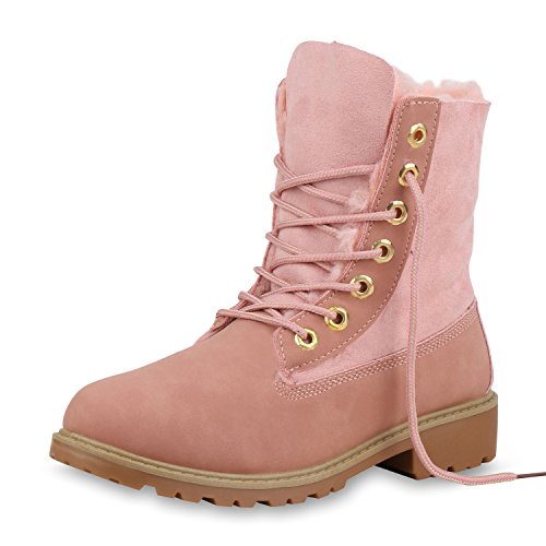 SCARPE VITA Damen Stiefeletten Worker Boots Warm Gefütterte Stiefel Outdoor Schuhe Kunstfell Profilsohle Booties Schnürschuhe 153829 Rosa Rosa 38 von SCARPE VITA