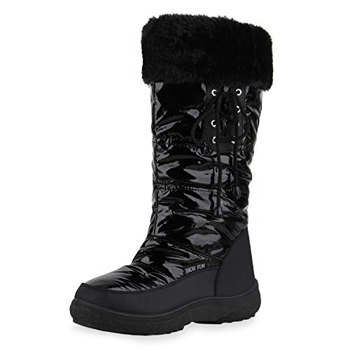 SCARPE VITA Damen Warm Gefütterte Winterstiefel Bequeme Freizeit Stiefel Blockabsatz Boots Gesteppte Kunstfell Schuhe 198346 Schwarz Lack 36 von SCARPE VITA