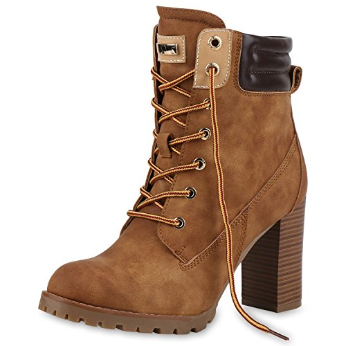 SCARPE VITA Gefütterte Damen Worker Boots Holzoptikabsatz Stiefeletten 160664 Hellbraun Gefüttert 37 von SCARPE VITA