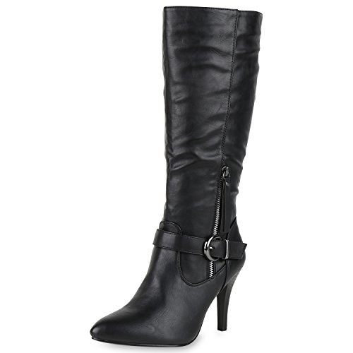 SCARPE VITA Klassische Stiefel Damen Boots Leder-Optik High Heels Schnallen 150310 Schwarz Schnallen 38 von SCARPE VITA