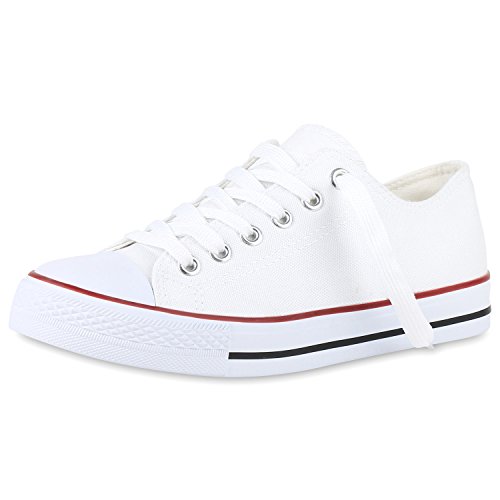 SCARPE VITA Sneakers Low Damen Canvas Schuhe Bequeme Turnschuhe Basic 141026 Weiss Rotstreifen 36 von SCARPE VITA