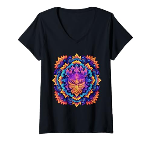 Damen Gruseliges Tiergesicht. Maskenwolf. Bunte Kranzoptik T-Shirt mit V-Ausschnitt Damen Gruseliges Tiergesicht. Maskenwolf. Bunte Kranzoptik T-Shirt mit V-Ausschnitt von SCARY FACE DESIGN. MAKED WOLF. COLORFUL BACKGROUND