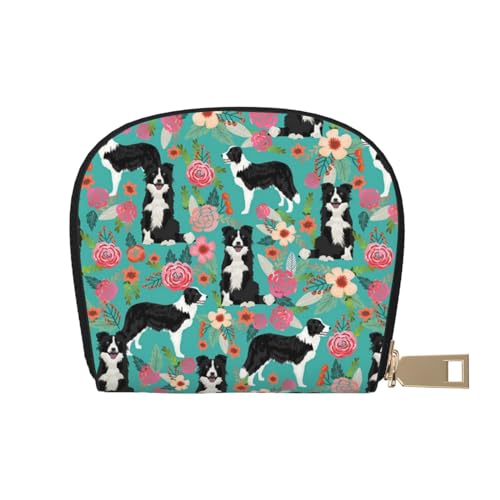 Kleines Kartenetui mit Reißverschluss für Damen/Herren, PU-Leder, Kartenfach, Kreditkartenetui, Border Collie Florals, Einheitsgröße von SCAUA