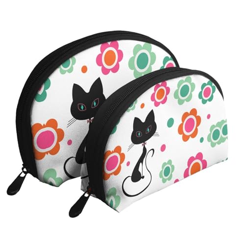 Kosmetiktasche mit Cartoon-Katzenmuster, Reise-Make-up-Tasche, tragbar, Clutch, Kulturbeutel, Aufbewahrungstasche für Damen, 2 Stück, Cartoon Katze und Blumen, Einheitsgröße von SCAUA