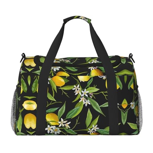 Lemon and Flower Handheld Crossbody Reisetasche Weekender Bag Carry Travel Bag Duffle Bag Gym Bag for Men Women, Schwarz , Einheitsgröße von SCAUA