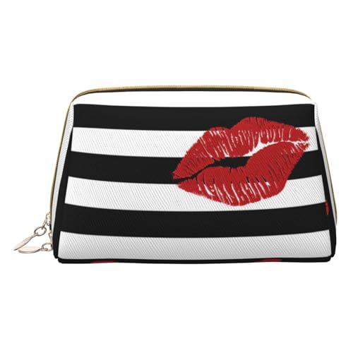 Make-up-Tasche mit Lippen-Aufdruck in schwarz-weiß gestreift, tragbare Leder-Kosmetiktasche, Reise-Organizer, wasserdichte Kulturbeutel, Mit schwarzen und weißen Streifen bedruckt, Einheitsgröße von SCAUA