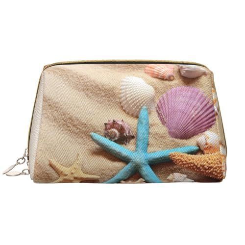 Make-up-Tasche mit bunten tropischen Blättern, große tragbare Leder-Kosmetiktasche, Reise-Organizer, wasserdichte Kulturbeutel, Muscheln am Strand, Einheitsgröße von SCAUA