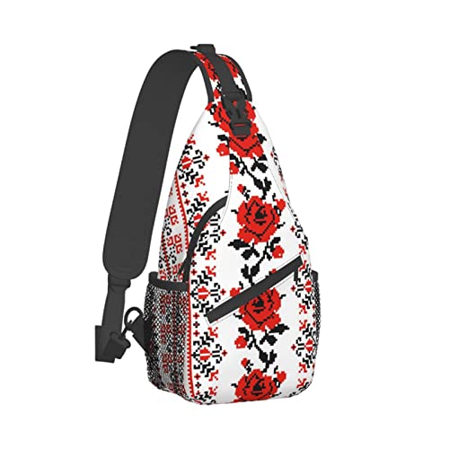 SCAUA Kuh-Punkt-Kreuz-Brusttasche, diagonal, Sling Rucksack, Reisen, Wandern, Radfahren, Umhängetasche, Umhängetasche, Ukrainische Stickerei Stil Rose, Einheitsgröße von SCAUA