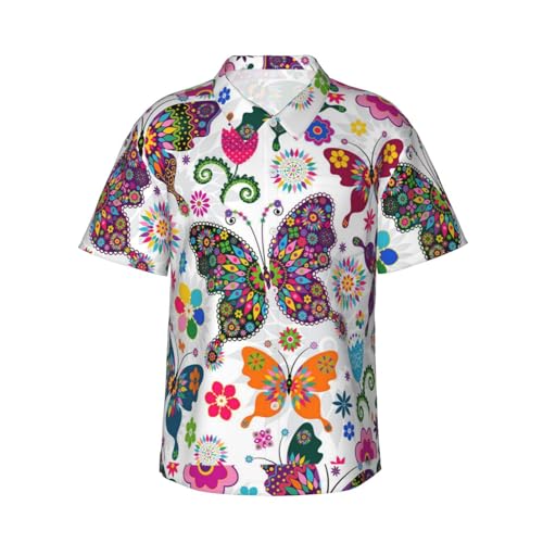 Schmetterlings-Druck Mode Freizeithemd Herren Casual Kurzarm Sommer Button Down Kurzarm Hemd, Bunte Schmetterlinge und Blumen, 3XL von SCAUA