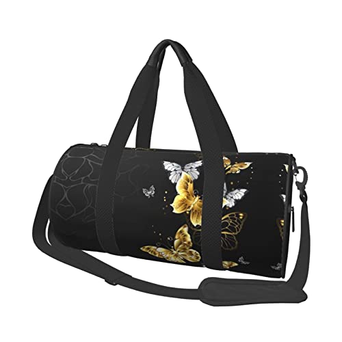 Schwarze weiße Goldfolie Marmor bedruckte Reisetasche Sport Turnbeutel Leichtgewichtiger langlebiger Rucksack Workout Tasche Runde Yogatasche, Gold, Weiß, Schmetterlinge, Schwarz, Einheitsgröße von SCAUA