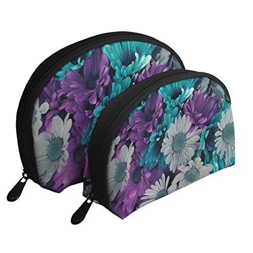 Sunset Beach 2 Stück Kosmetiktaschen Reise Make-up Tasche Tragbare Clutch Pouch Kulturbeutel Aufbewahrungstasche für Frauen, Violette und blaugrüne Blumen, Einheitsgröße von SCAUA