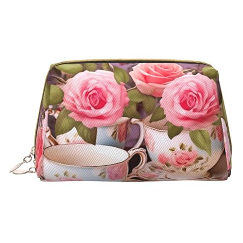 Winter Alte Kabel Skilift Make-up Tasche,Tragbare Leder Kosmetiktasche,Reise Organizer Beutel Wasserdichte Toilettenartikel Tasche, Teebecher mit Rosen Romantisch Shabby, Einheitsgröße von SCAUA