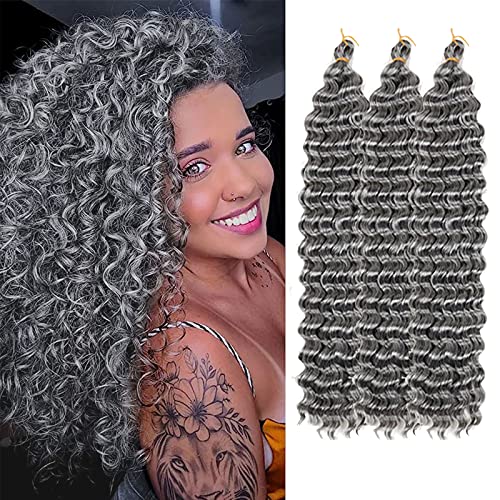 22 Zoll Deep Wave Häkelhaar Ocean Wave Häkelhaar 3 Packungen Deep Wave Lockig Flechten Haarverlängerungen für schwarze Frauen (Grey, 22 Inch) von SCGHBK