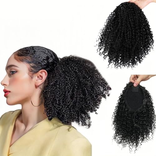 Curly Drawstring Ponytail Afro Kinky Curly Ponytail Short Wave Synthetic Ponytail Hair Extension for Black Women (1B) von SCGHBK