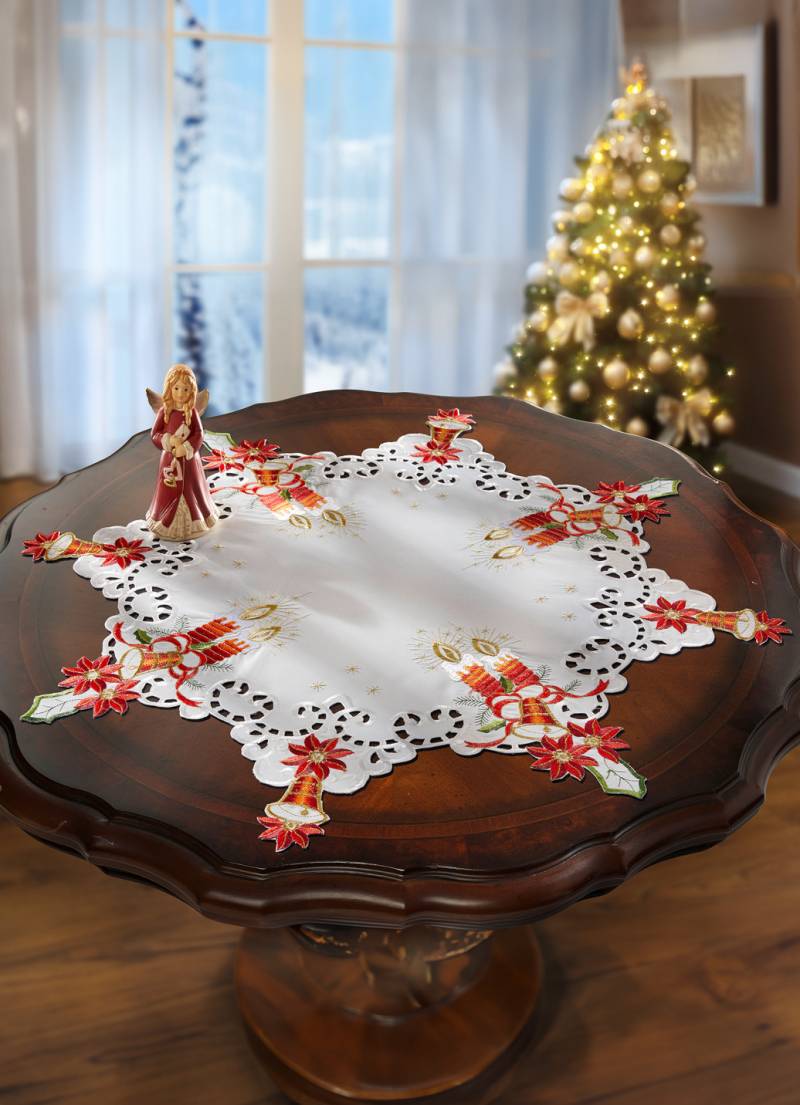 Tischdecke Stern mit filigraner Stickerei, Größe 140 (Tischdecke Stern, ø 40 cm), Weiss-Bunt von SCHÄFER