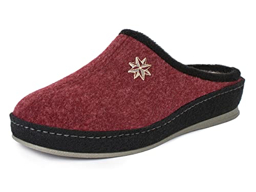 SCHAWOS Damen Filz Hausschuh Lisa warm gefüttert Schurwolle mit Fußbett feste Sohle rutschhemmend (36 EU, Bordeaux, Numeric_36) von SCHAWOS