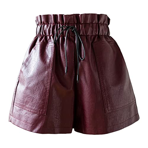 SCHHJZPJ Kurze Damen-Shorts aus Kunstleder mit hoher Taille, weites Bein, Schwarz, Weinrot, Mittel von SCHHJZPJ