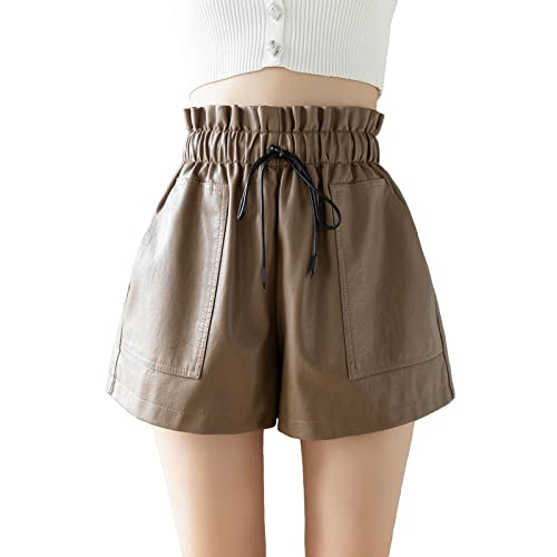 SCHHJZPJ High Waisted Wide Leg Black Faux Leather Shorts für Frauen, Khaki, Klein von SCHHJZPJ