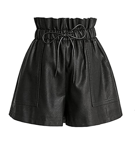SCHHJZPJ Hohe Taille, weites Bein, schwarze Kunstleder-Shorts für Damen, Schwarz, Mittel von SCHHJZPJ