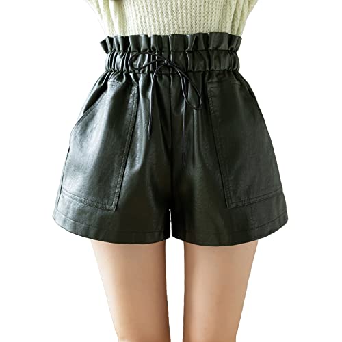 SCHHJZPJ Hohe Taille, weites Bein, schwarze Kunstleder-Shorts für Damen, Smaragdrün, X-Groß von SCHHJZPJ