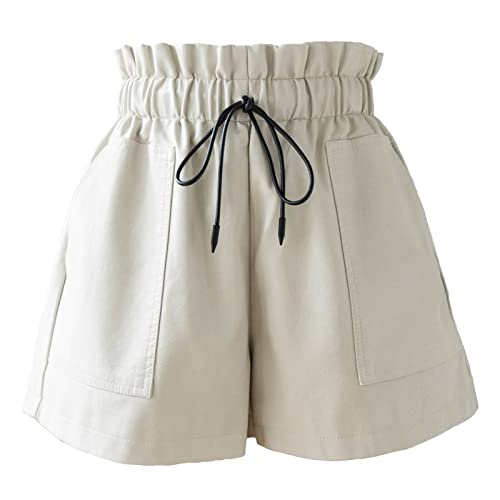 SCHHJZPJ Hohe Taille, weites Bein, schwarze Kunstleder-Shorts für Damen, beige, X-Groß von SCHHJZPJ