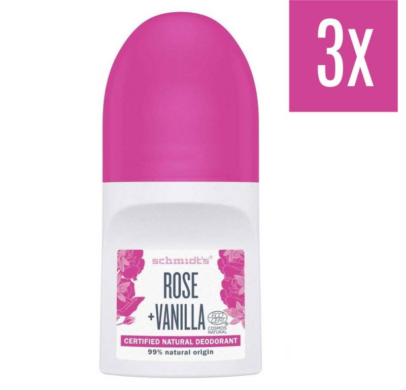 SCHMIDT'S Deo-Roller Natürliches Deodorant Roll-On Rose + Vanille 50ml - 3erPack von SCHMIDT'S
