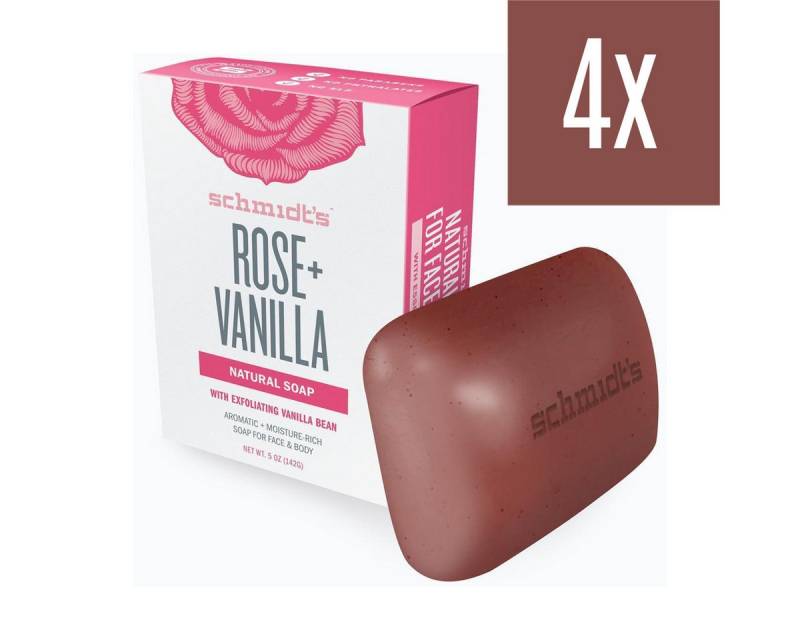 SCHMIDT'S Feste Duschseife Naturseife Rose + Vanilla für Körper und Gesicht 142gr., 4-tlg. von SCHMIDT'S