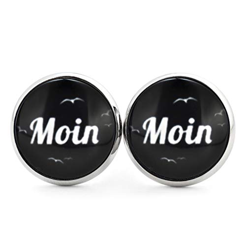 SCHMUCKZUCKER Damen Unisex Ohrstecker Spruch Motiv Moin Moin Edelstahl Ohrringe Silber Schwarz 14mm von SCHMUCKZUCKER