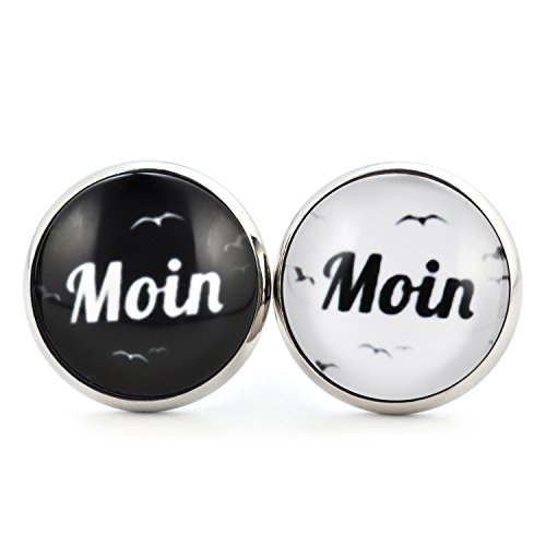 SCHMUCKZUCKER Damen Unisex Ohrstecker Spruch Motiv Moin Moin Edelstahl Ohrringe Silber Schwarz & Weiß 14mm von SCHMUCKZUCKER