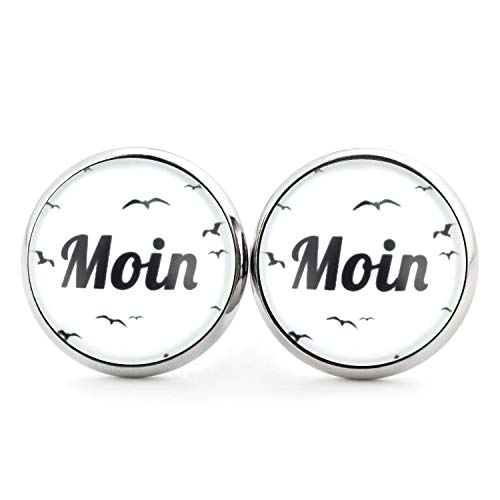 SCHMUCKZUCKER Damen Unisex Ohrstecker Spruch Motiv Moin Moin Edelstahl Ohrringe Silber Weiß 14mm von SCHMUCKZUCKER