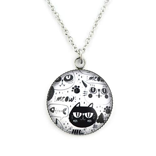 SCHMUCKZUCKER Damen Edelstahl Kette mit Anhänger Katzen Gesichter witzige Halskette Silber Schwarz Weiss Großer Anhänger (25mm) - Kurze Kette (45cm) von SCHMUCKZUCKER