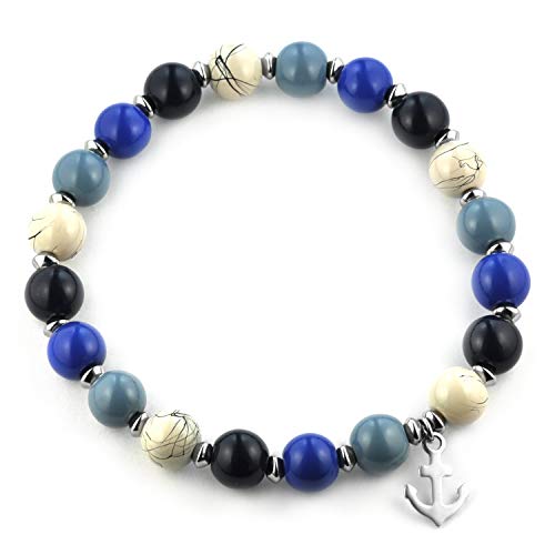 SCHMUCKZUCKER Damen Herren Unisex Anker Armband Perlen - Strand und Meer - Edelstahl Glasperlen Blau Silber Perlenarmband von SCHMUCKZUCKER