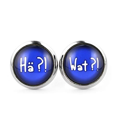 SCHMUCKZUCKER Damen Herren Unisex Ohrstecker mit Spruch - Hä?! - Wat?! Lustige Edelstahl Ohrringe Silber Blau 12mm von SCHMUCKZUCKER