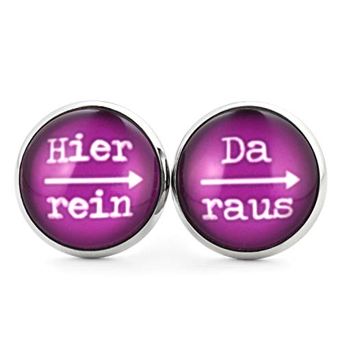 SCHMUCKZUCKER Damen Herren Unisex Ohrstecker mit Spruch Hier rein - da raus Lustige Edelstahl Ohrringe Silber (Violett 14mm) von SCHMUCKZUCKER