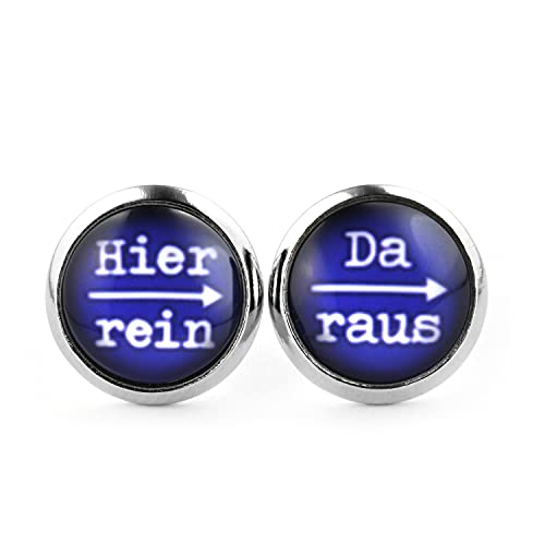 SCHMUCKZUCKER Damen Herren Unisex Ohrstecker mit Spruch Hier rein - da raus Lustige Edelstahl Ohrringe Silber Dunkelblau 12mm von SCHMUCKZUCKER