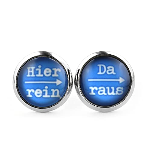 SCHMUCKZUCKER Damen Herren Unisex Ohrstecker mit Spruch Hier rein - da raus Lustige Edelstahl Ohrringe Silber Hellblau 12mm von SCHMUCKZUCKER