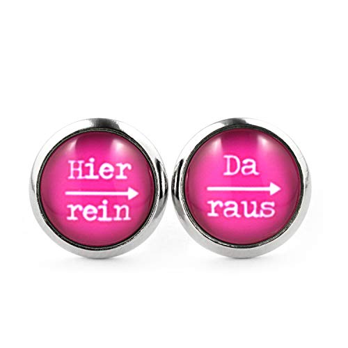 SCHMUCKZUCKER Damen Herren Unisex Ohrstecker mit Spruch Hier rein - da raus Lustige Edelstahl Ohrringe Silber Pink 12mm von SCHMUCKZUCKER