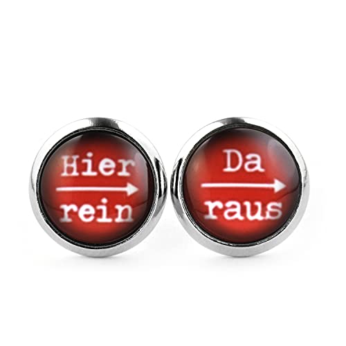 SCHMUCKZUCKER Damen Herren Unisex Ohrstecker mit Spruch Hier rein - da raus Lustige Edelstahl Ohrringe Silber Rot 12mm von SCHMUCKZUCKER