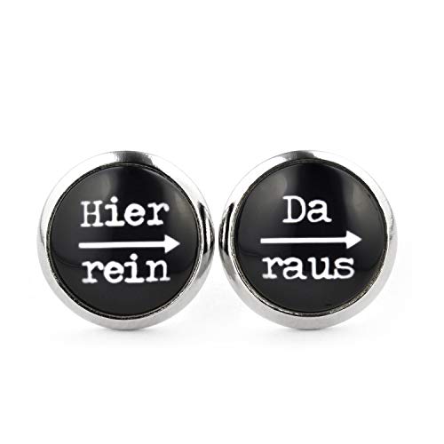 SCHMUCKZUCKER Damen Herren Unisex Ohrstecker mit Spruch Hier rein - da raus Lustige Edelstahl Ohrringe Silber Schwarz 12mm von SCHMUCKZUCKER