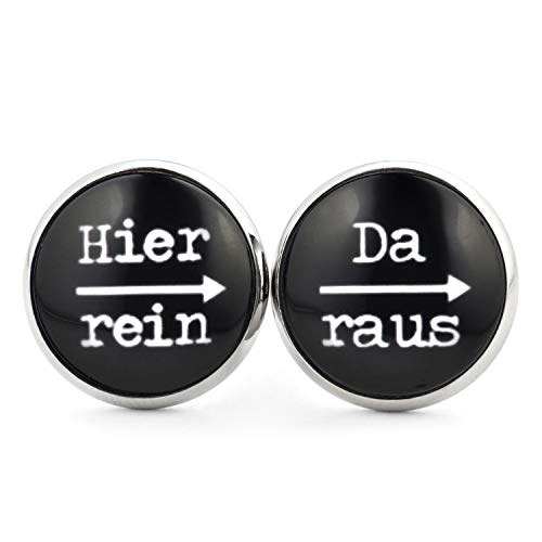 SCHMUCKZUCKER Damen Herren Unisex Ohrstecker mit Spruch Hier rein - da raus Lustige Edelstahl Ohrringe Silber Schwarz 14mm von SCHMUCKZUCKER