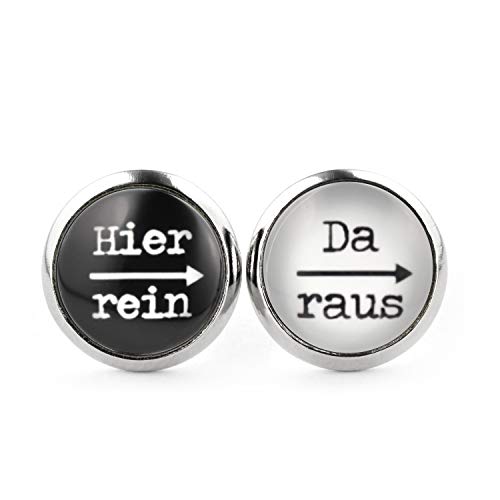 SCHMUCKZUCKER Damen Herren Unisex Ohrstecker mit Spruch Hier rein - da raus Lustige Edelstahl Ohrringe Silber Schwarz & Weiß 12mm von SCHMUCKZUCKER