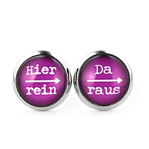 SCHMUCKZUCKER Damen Herren Unisex Ohrstecker mit Spruch Hier rein - da raus Lustige Edelstahl Ohrringe Silber Violett 12mm von SCHMUCKZUCKER