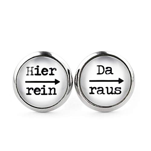 SCHMUCKZUCKER Damen Herren Unisex Ohrstecker mit Spruch Hier rein - da raus Lustige Edelstahl Ohrringe Silber Weiß 12mm von SCHMUCKZUCKER