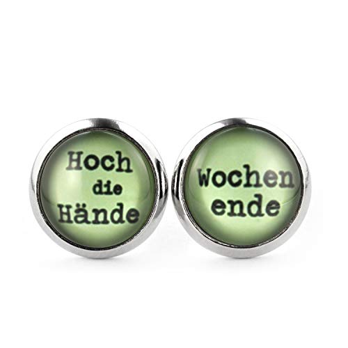 SCHMUCKZUCKER Damen Herren Unisex Ohrstecker mit Spruch Hoch die Hände - Wochenende Edelstahl Ohrringe Silber 12mm von SCHMUCKZUCKER