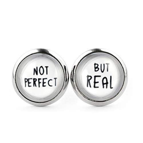 SCHMUCKZUCKER Damen Herren Unisex Ohrstecker mit Spruch Not Perfect - But Real Edelstahl Ohrringe Silber Schwarz Weiß 12mm von SCHMUCKZUCKER