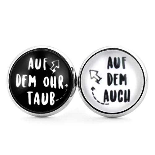 SCHMUCKZUCKER Damen Herren Unixex Ohrstecker Spruch Motiv Auf dem Ohr taub Witzige Edelstahl Ohrringe Silber Schmuck Damen Schwarz & Weiß 14mm von SCHMUCKZUCKER