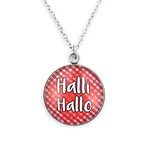 SCHMUCKZUCKER Damen Kette mit Anhänger Spruch Motiv Halli Hallo Edelstahl Silber-Farben rot Weiss kariert Großer Anhänger (25mm) - Kurze Kette (45cm) von SCHMUCKZUCKER